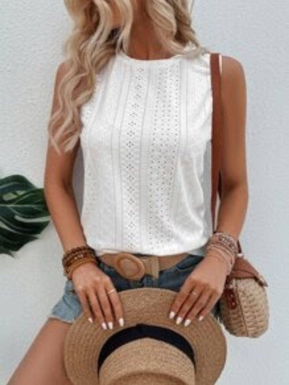 Solid Eyelet Embroidery Tank Top SHIEN White sleeveless Size Small